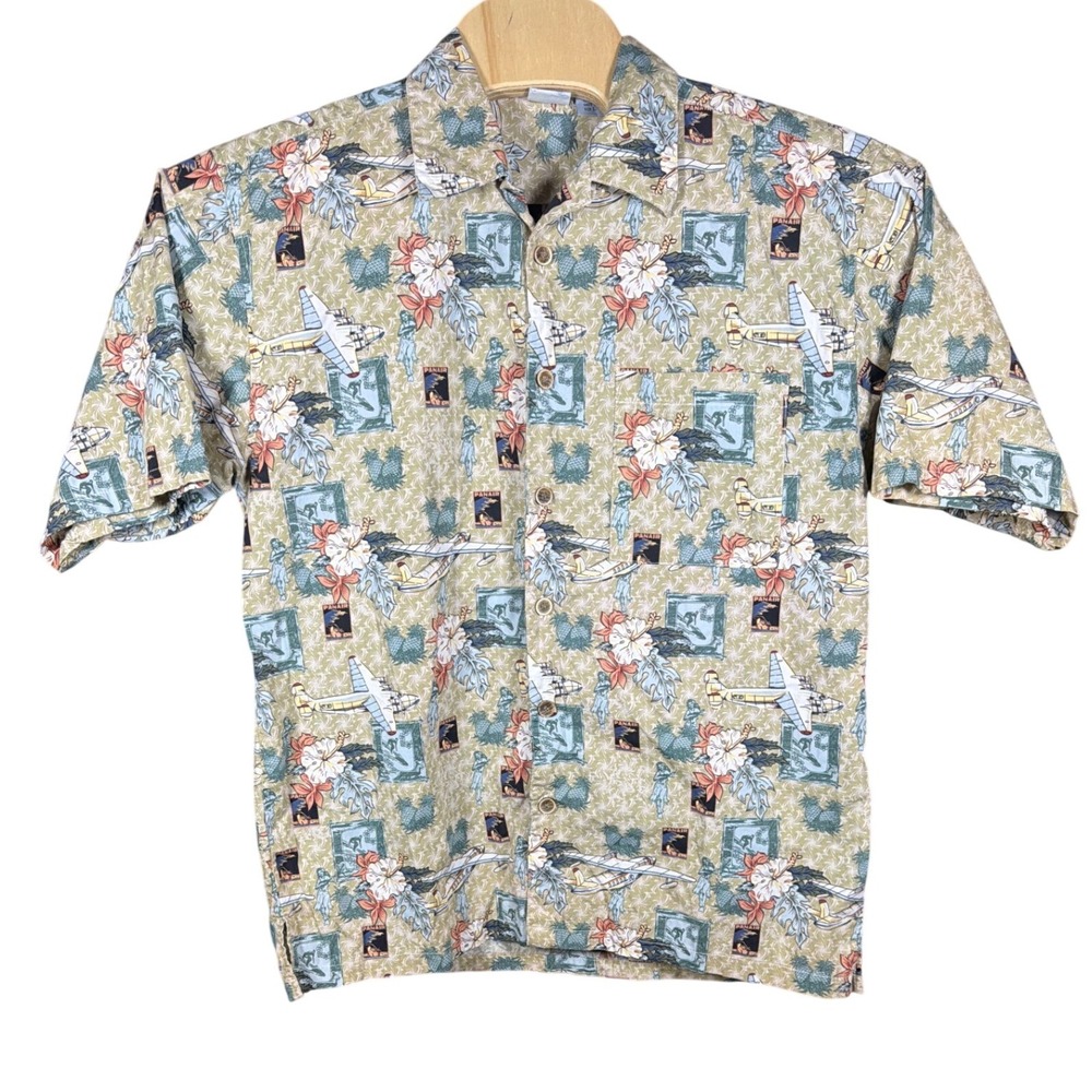 Ocean Pacific Op Sport Mens Large Pan Am Aviation Tropical Hawaiian Shirt Green